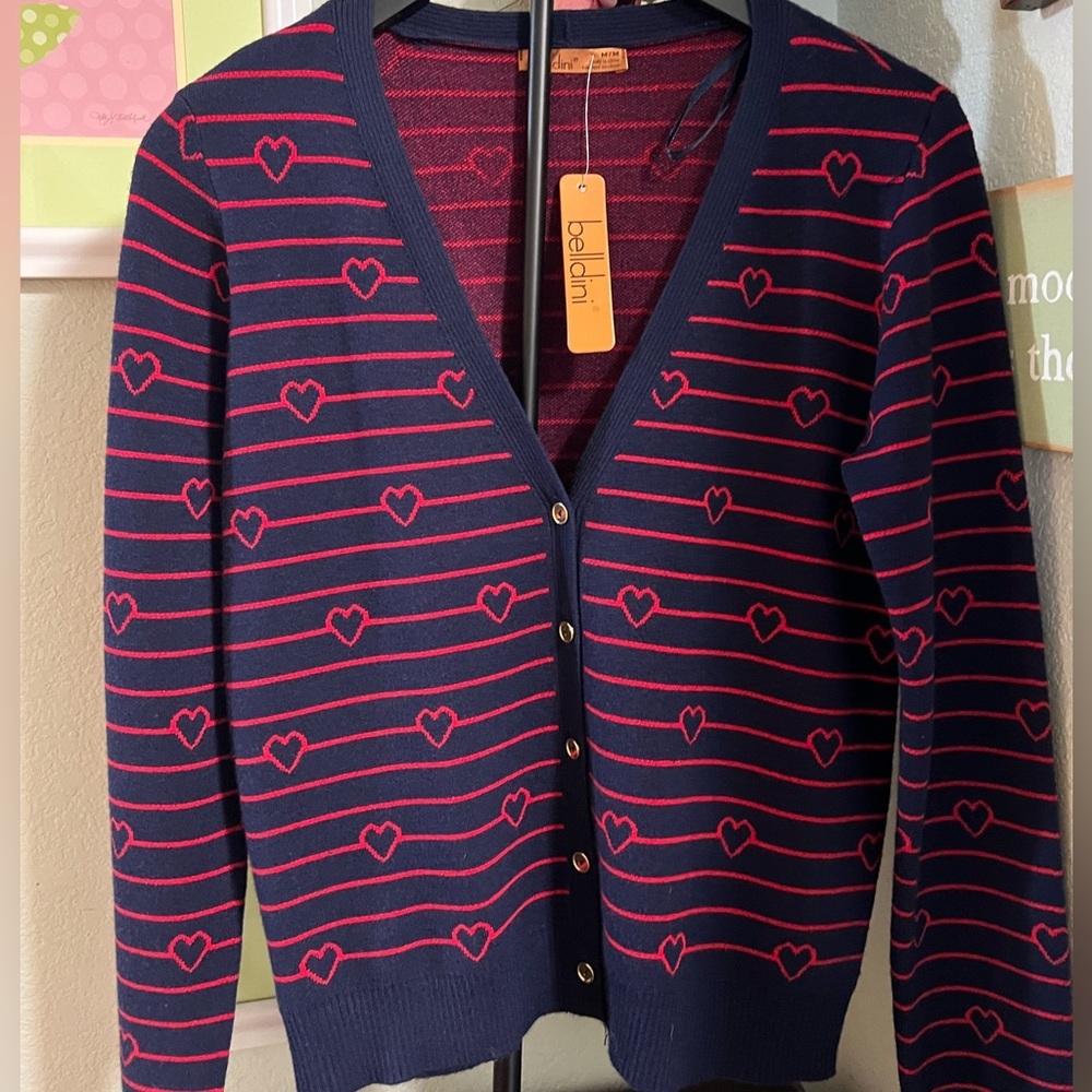 Belldini Women's Navy and Red Heart Cardigan Medium #017